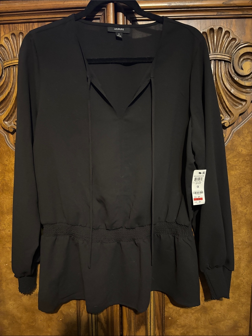 Alfani Black Long-Sleeve Drawstring Peplum Top